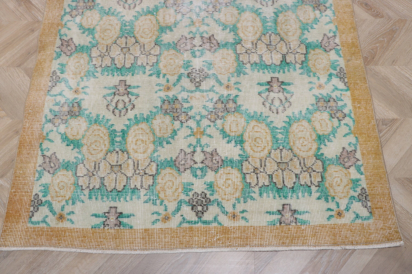 Vintage Turkish Oushak Accent Rug with Flower Pattern