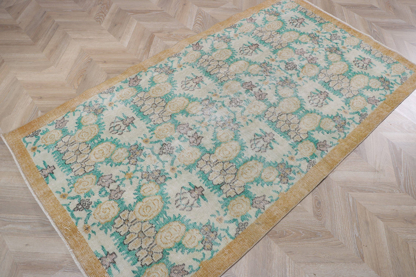 Vintage Turkish Oushak Accent Rug with Flower Pattern