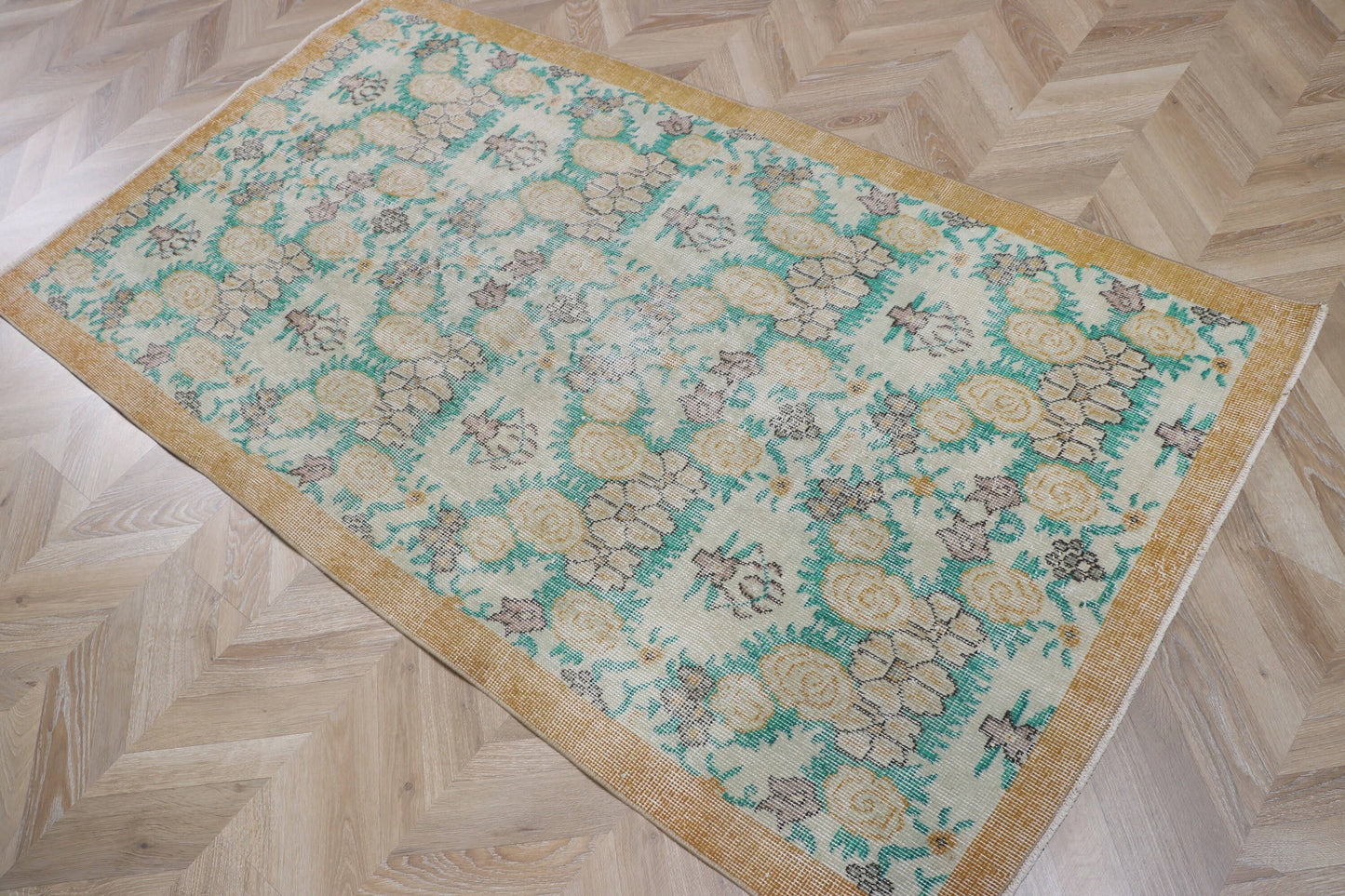Vintage Turkish Oushak Accent Rug with Flower Pattern