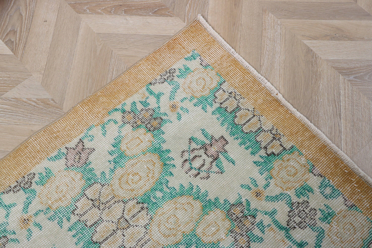 Vintage Turkish Oushak Accent Rug with Flower Pattern