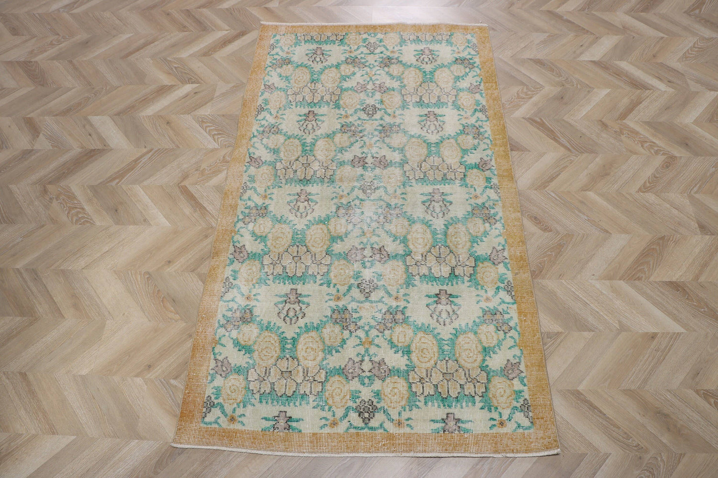 Vintage Turkish Oushak Accent Rug with Flower Pattern