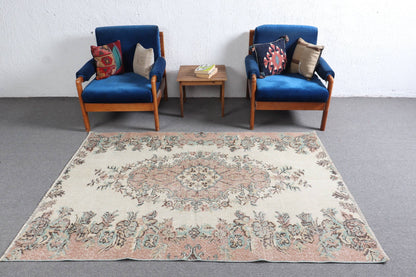 Turkish 8x5 ft Rug, Vintage Rug, Beige Ikat Rug Wool