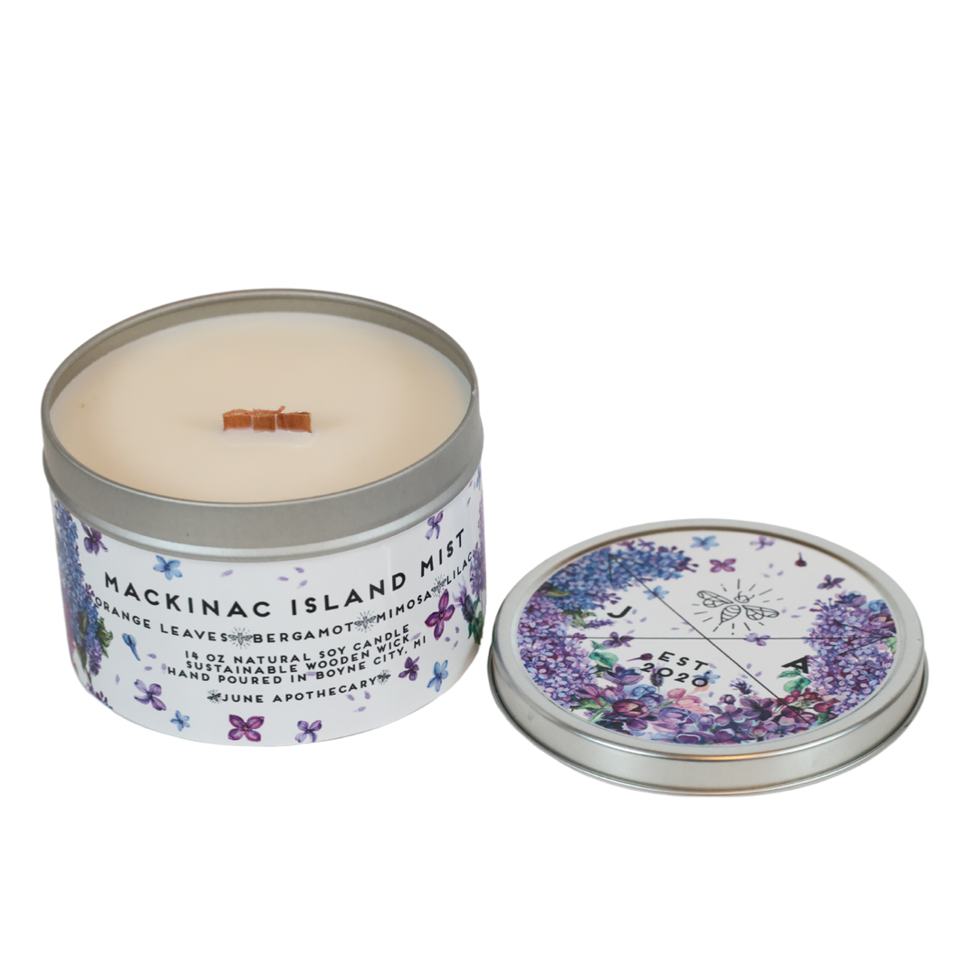 Mackinac Island Mist Wooden Wick 11 oz Tin Candle- Michigan