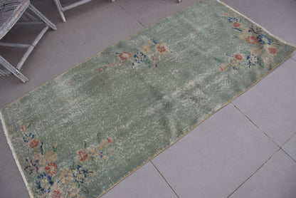 Turkish Vintage Accent Rug 2,9x6,2 ft, Green Oriental Rug Wool