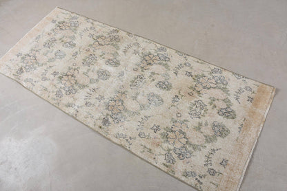 Vintage Wool Rug: Beige & Green, Striped Floral Design