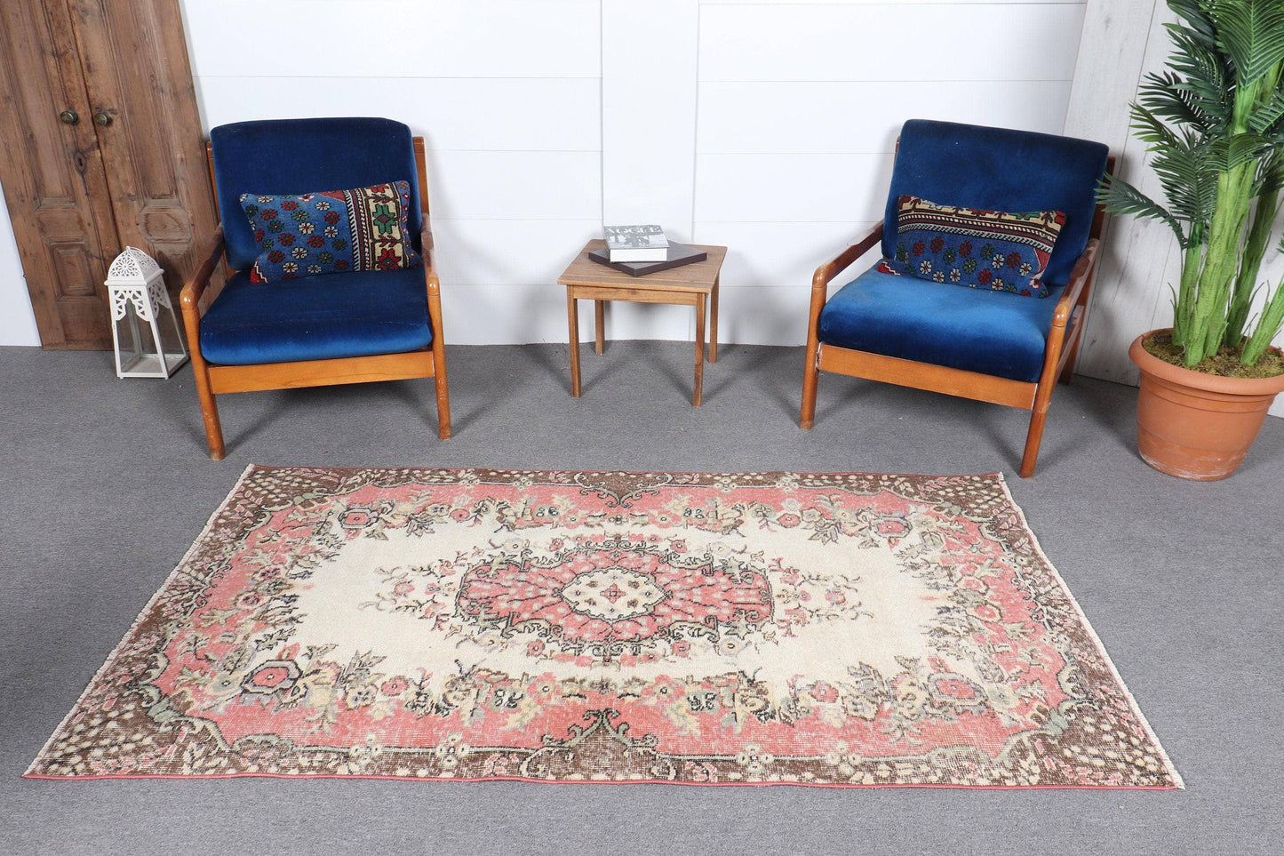 3,8x6,7 ft Turkish Rug, Vintage Area Rug, Red Plants & trees Wool Rug