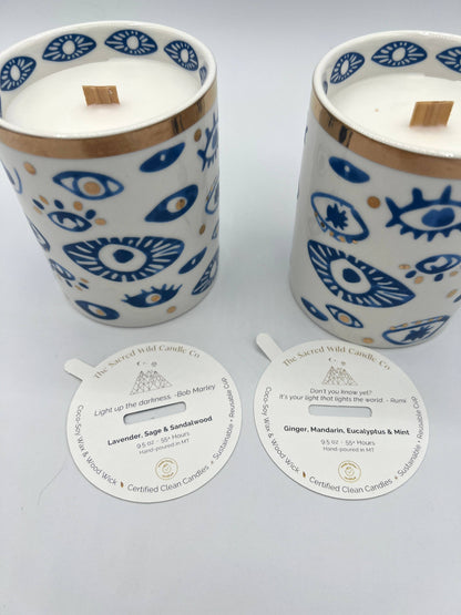 NEW! Beautiful Gold, Blue & White Ceramic "Evil Eye" Candle