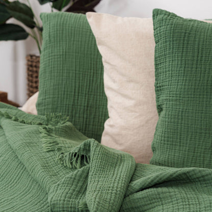 Organic Muslin Blanket, GOTS Certified Forest Green Cotton Throw, Lightweight Breathable Bedspread, Eco Friendly Bedding