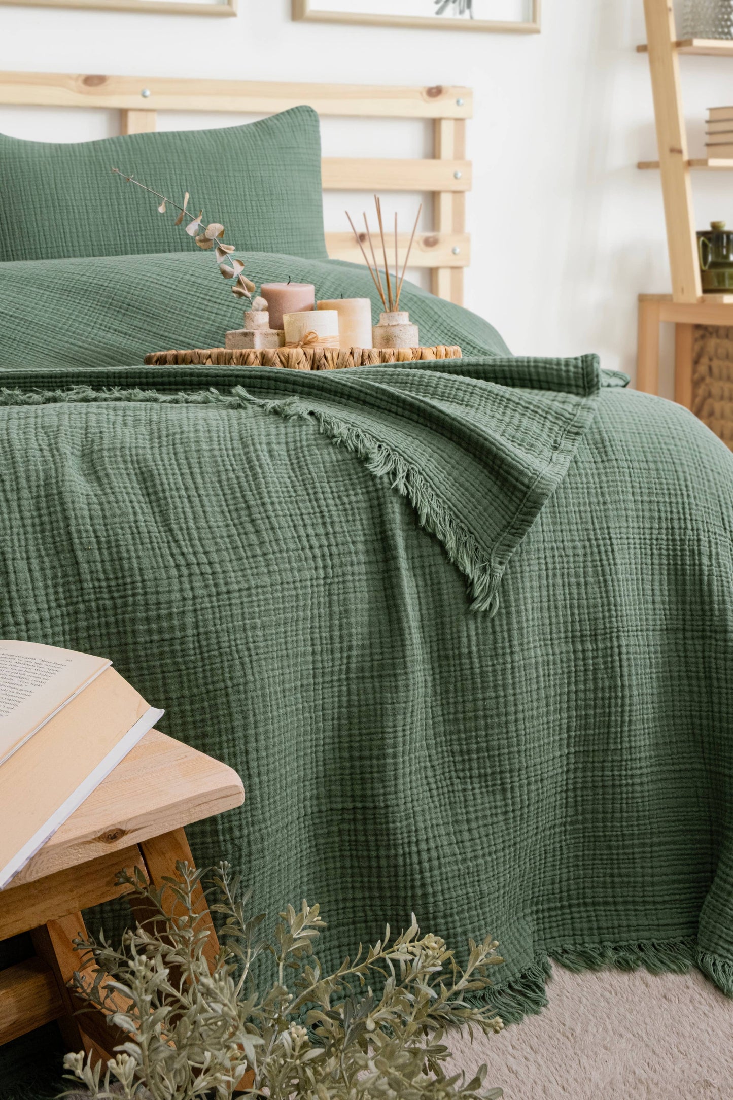 Organic Muslin Blanket, GOTS Certified Forest Green Cotton Throw, Lightweight Breathable Bedspread, Eco Friendly Bedding