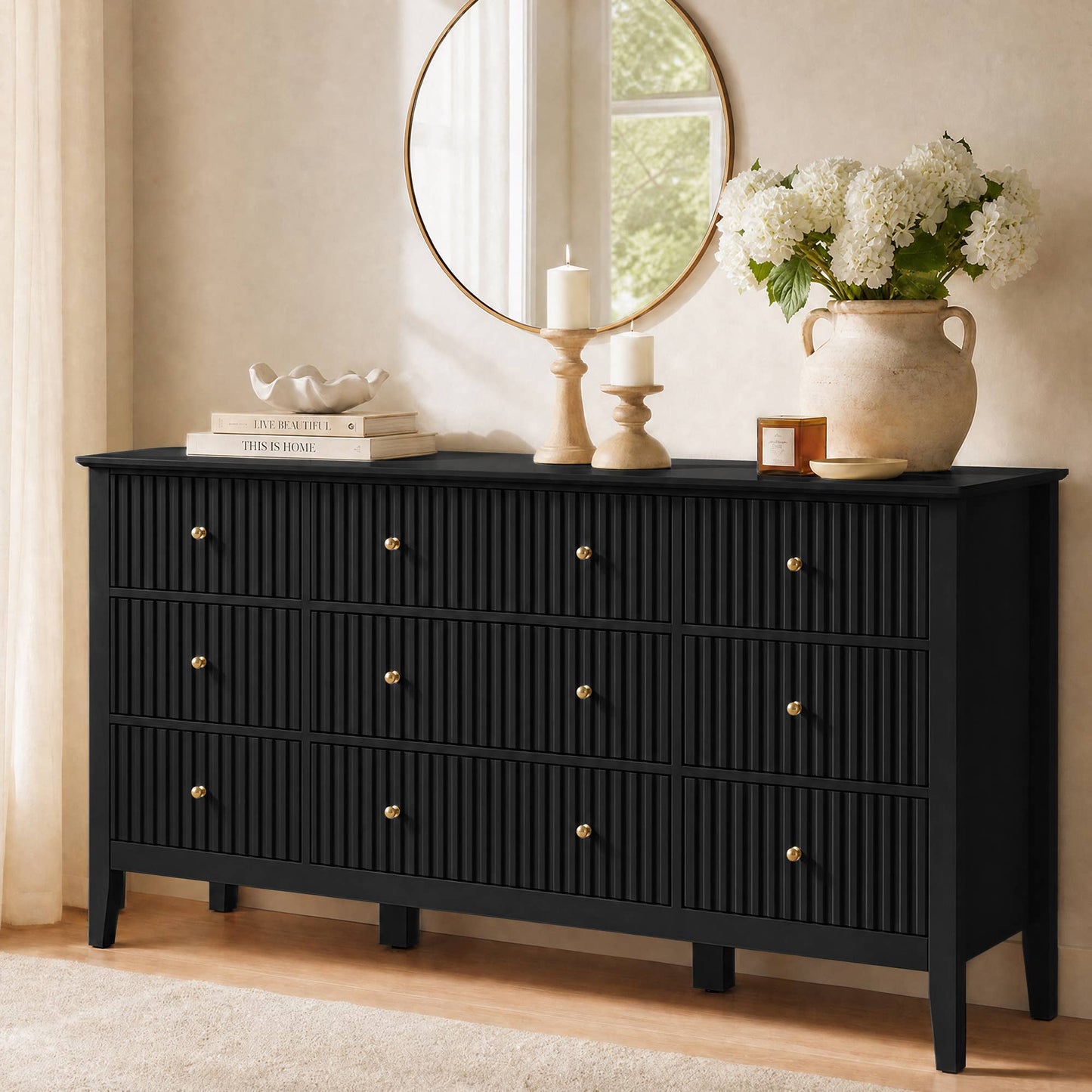 Wholesale Fluted 9-Drawer Black Wood Dresser