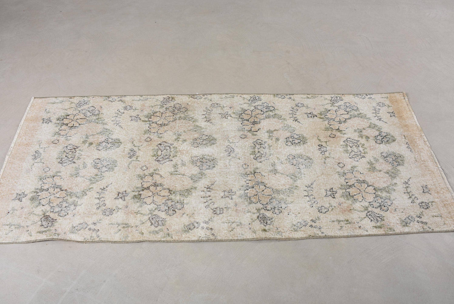Vintage Wool Rug: Beige & Green, Striped Floral Design