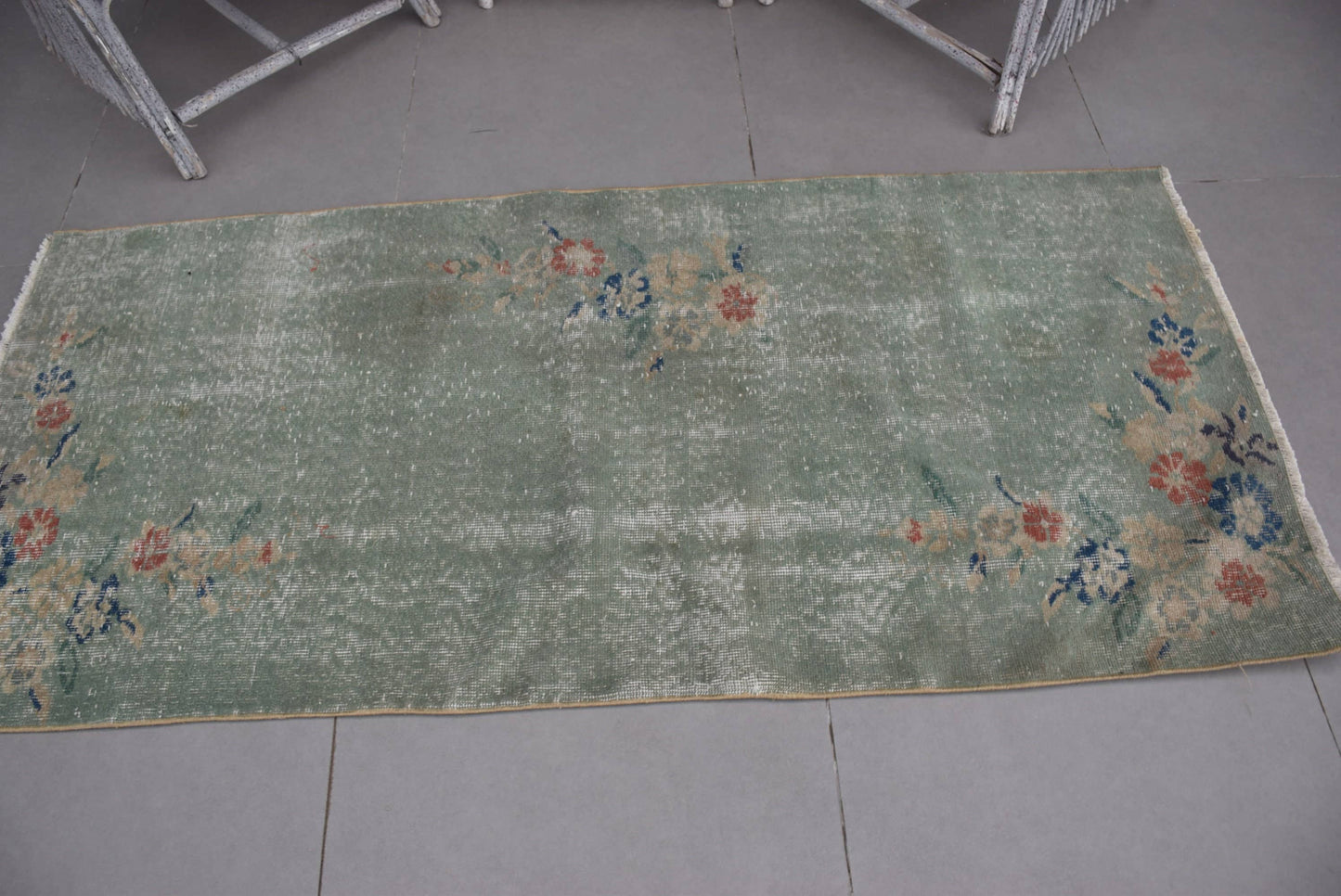 Turkish Vintage Accent Rug 2,9x6,2 ft, Green Oriental Rug Wool