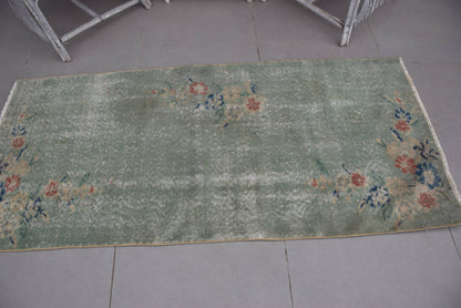 Turkish Vintage Accent Rug 2,9x6,2 ft, Green Oriental Rug Wool