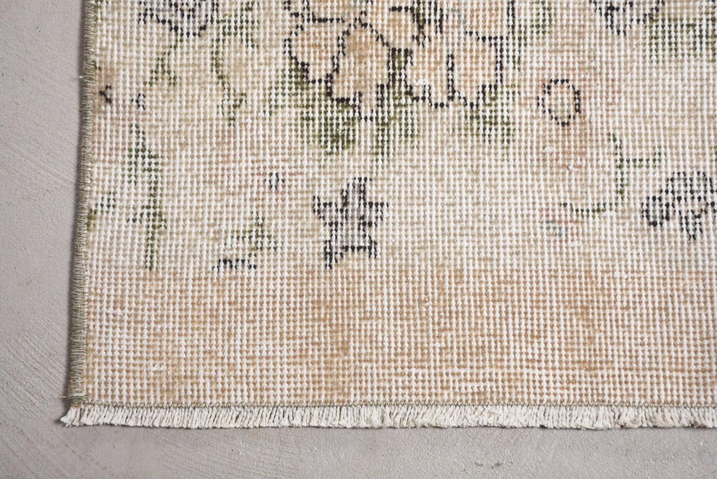 Vintage Wool Rug: Beige & Green, Striped Floral Design