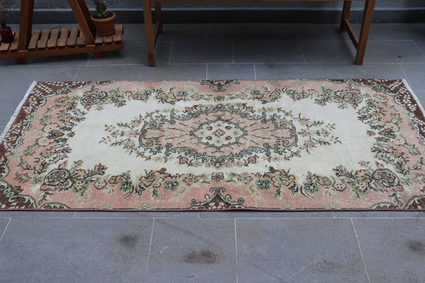 3,2x6,6 ft Accent Turkish Rug, Vintage Rug, Pink Brown Solid Wool Rug