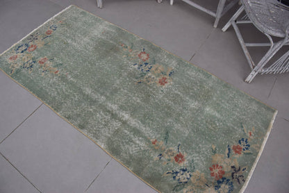 Turkish Vintage Accent Rug 2,9x6,2 ft, Green Oriental Rug Wool