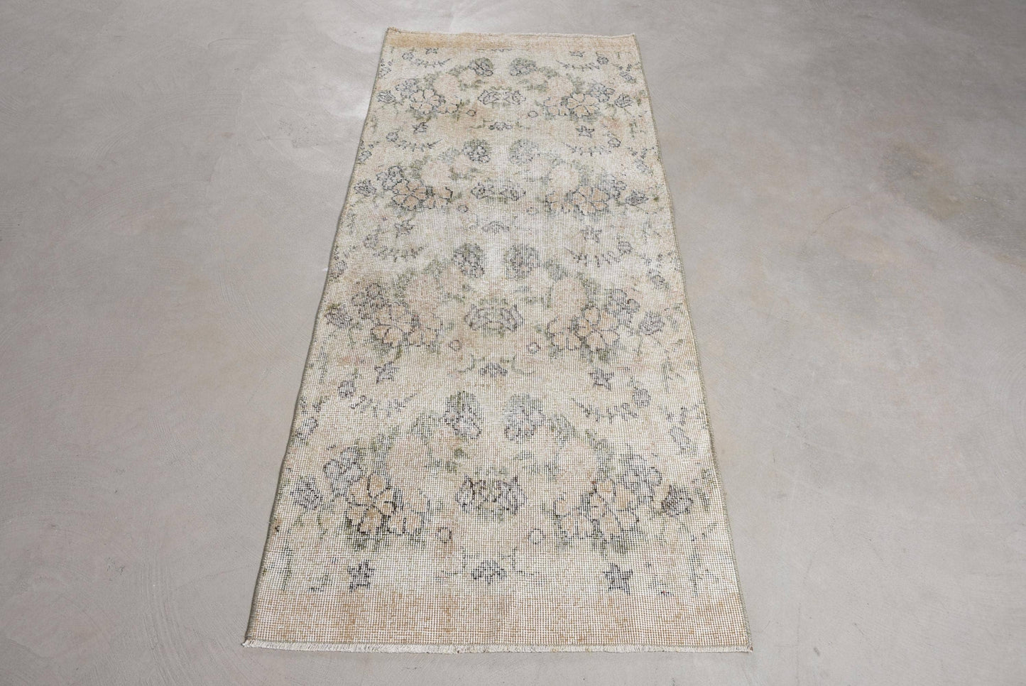 Vintage Wool Rug: Beige & Green, Striped Floral Design