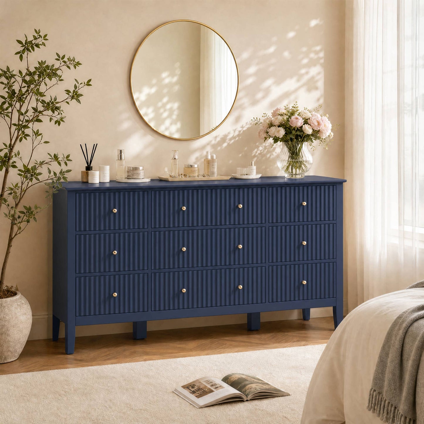 Wholesale Fluted 9-Drawer Black Wood Dresser