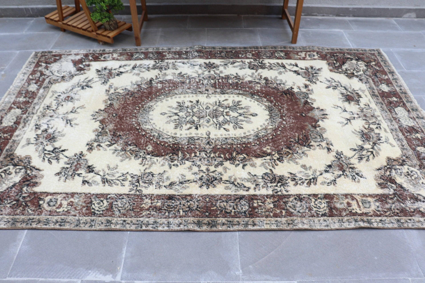 Vintage Rug, 5,2x8,7 ft Large Rug, Brown Beige Wool Rug