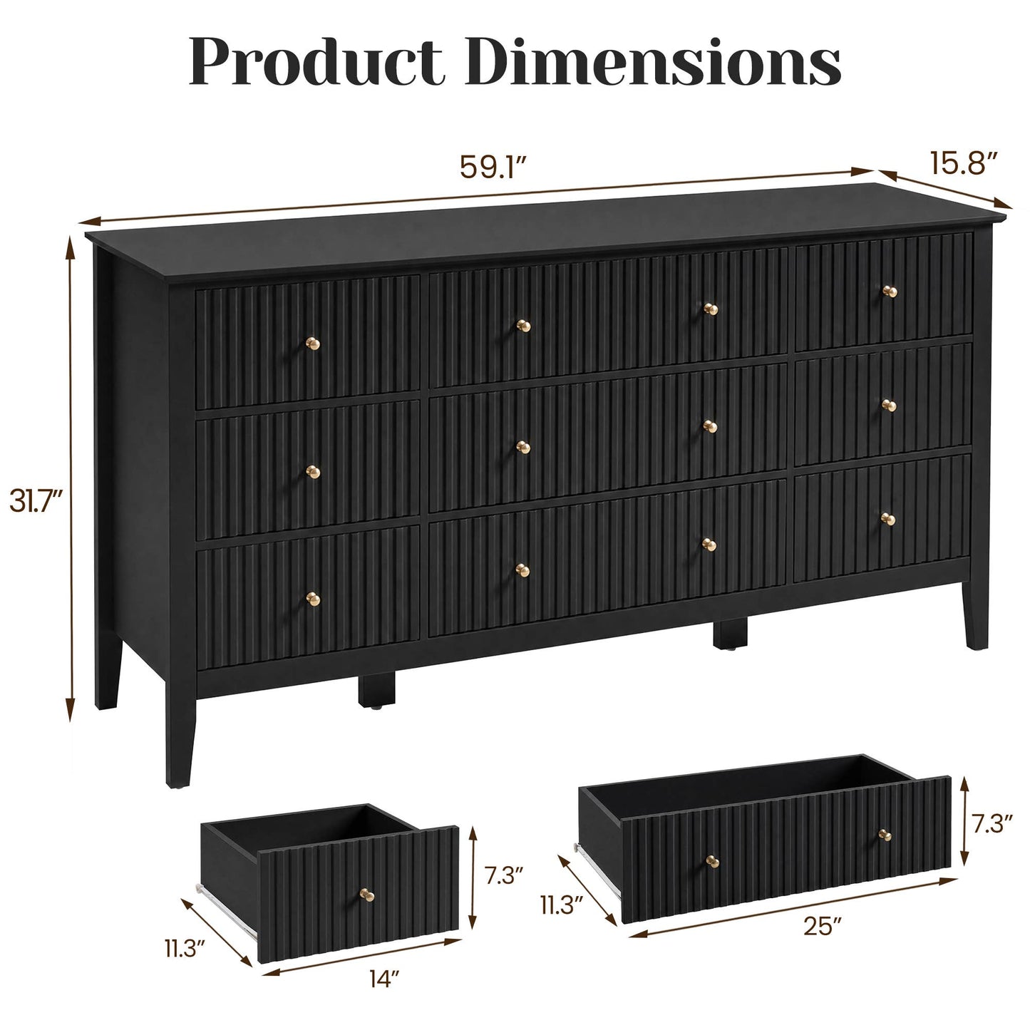 Wholesale Fluted 9-Drawer Black Wood Dresser