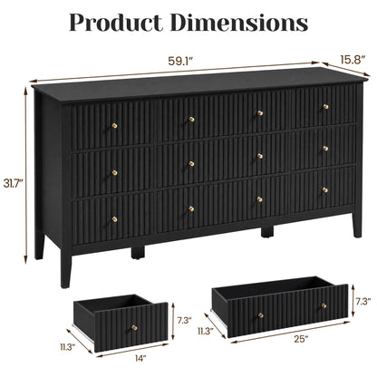 Wholesale Fluted 9-Drawer Black Wood Dresser