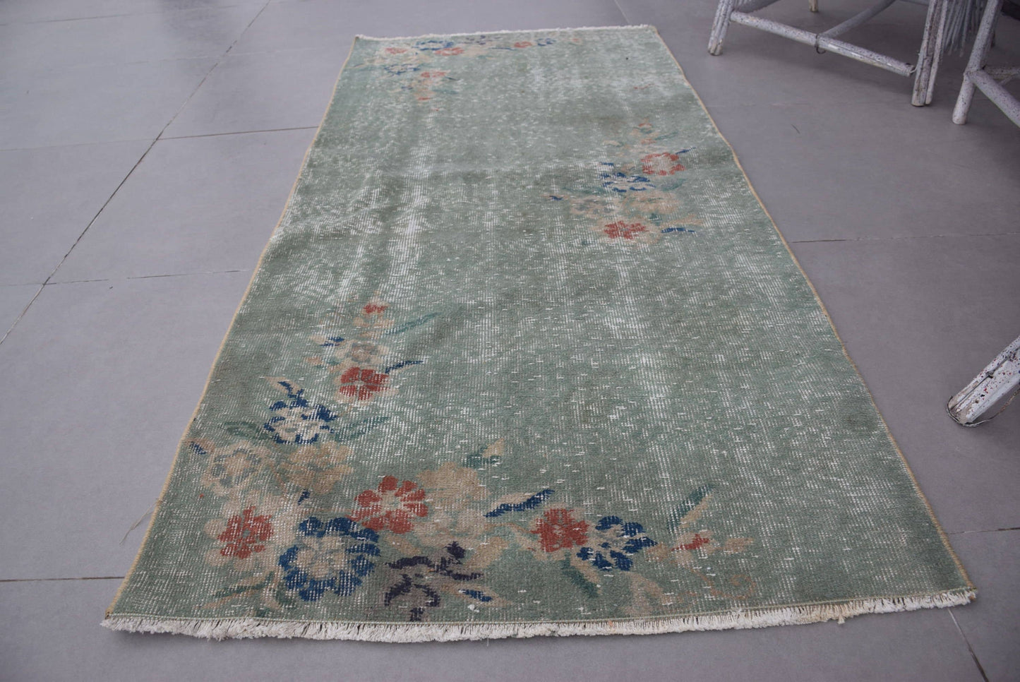 Turkish Vintage Accent Rug 2,9x6,2 ft, Green Oriental Rug Wool