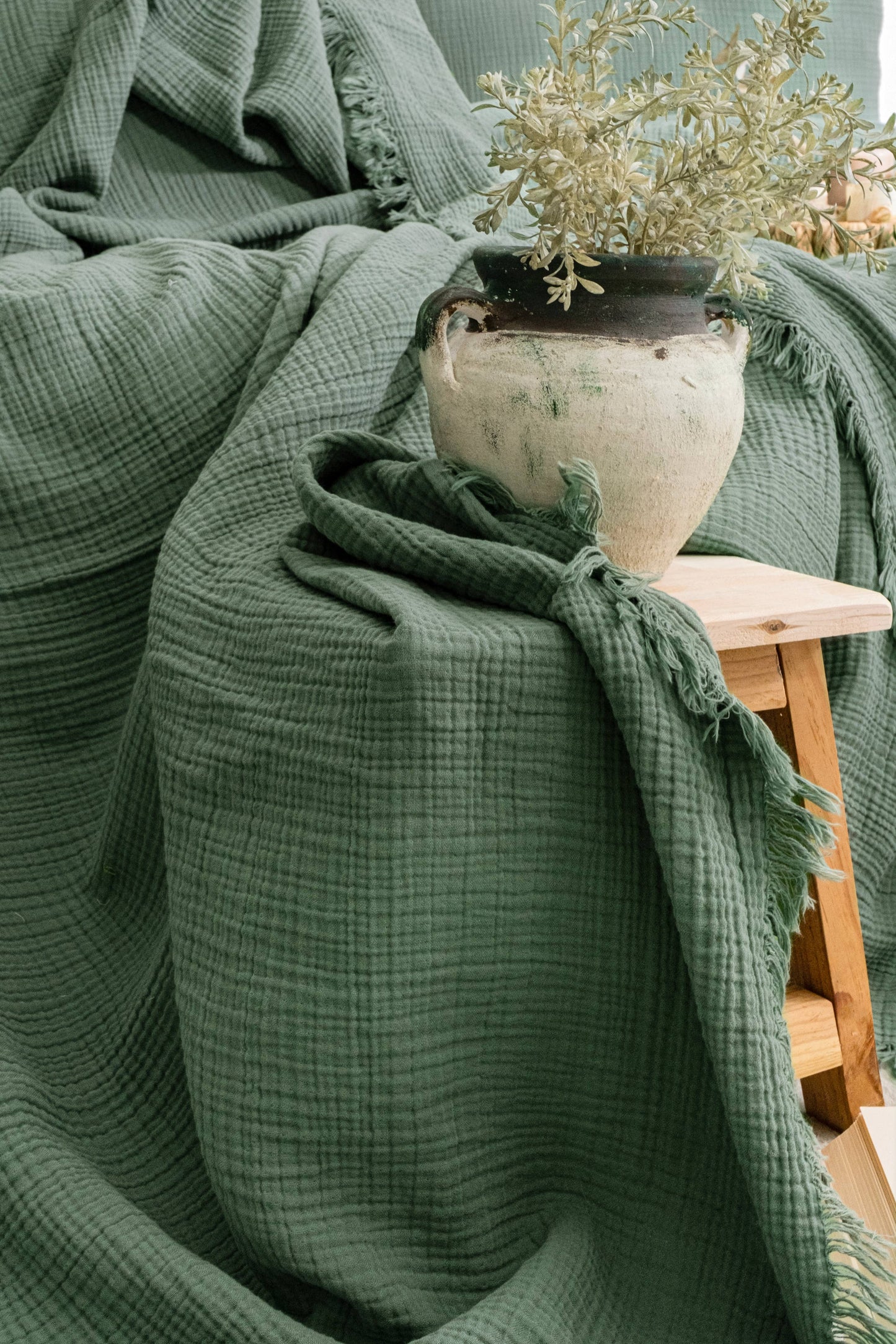 Organic Muslin Blanket, GOTS Certified Forest Green Cotton Throw, Lightweight Breathable Bedspread, Eco Friendly Bedding
