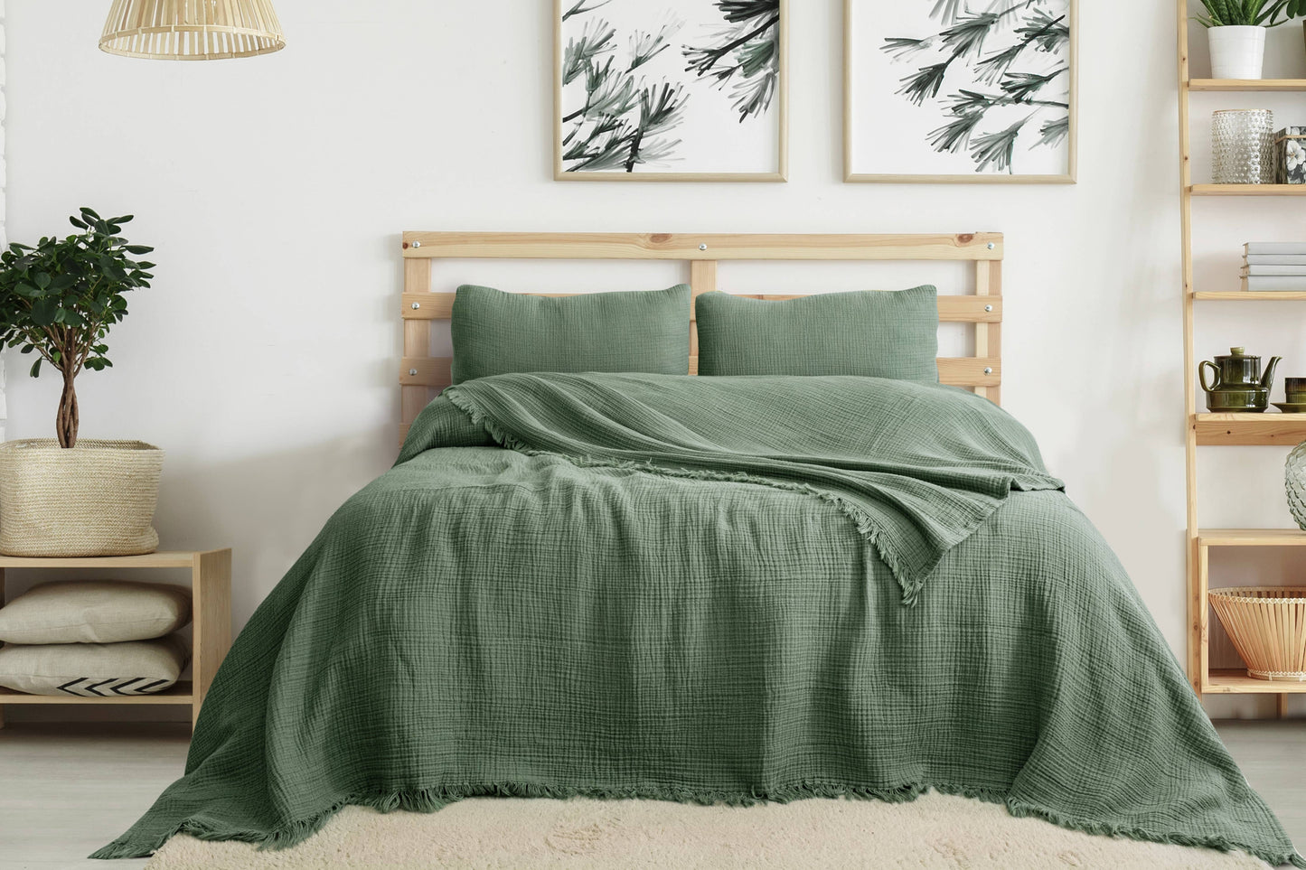 Organic Muslin Blanket, GOTS Certified Forest Green Cotton Throw, Lightweight Breathable Bedspread, Eco Friendly Bedding