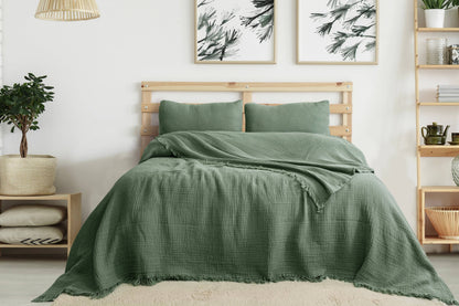 Organic Muslin Blanket, GOTS Certified Forest Green Cotton Throw, Lightweight Breathable Bedspread, Eco Friendly Bedding