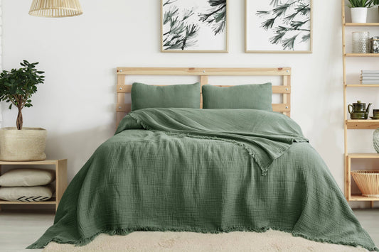 Organic Muslin Blanket, GOTS Certified Forest Green Cotton Throw, Lightweight Breathable Bedspread, Eco Friendly Bedding