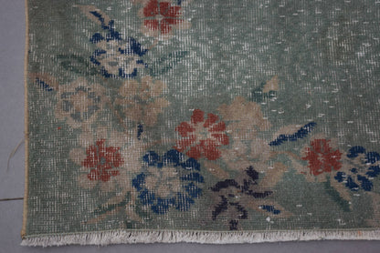 Turkish Vintage Accent Rug 2,9x6,2 ft, Green Oriental Rug Wool