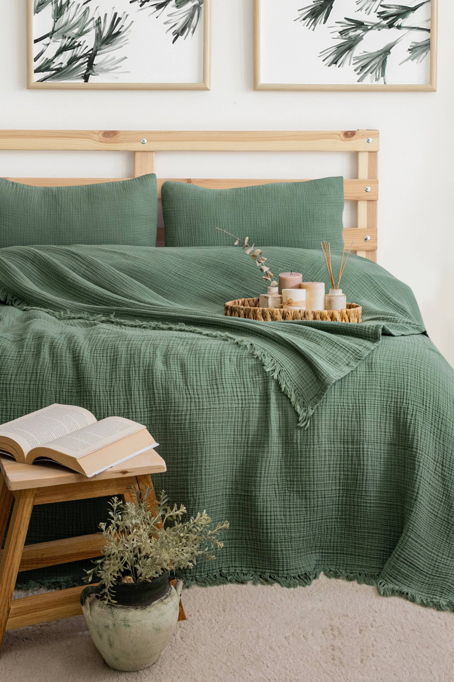 Organic Muslin Blanket, GOTS Certified Forest Green Cotton Throw, Lightweight Breathable Bedspread, Eco Friendly Bedding