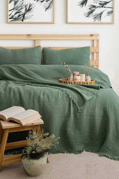 Organic Muslin Blanket, GOTS Certified Forest Green Cotton Throw, Lightweight Breathable Bedspread, Eco Friendly Bedding