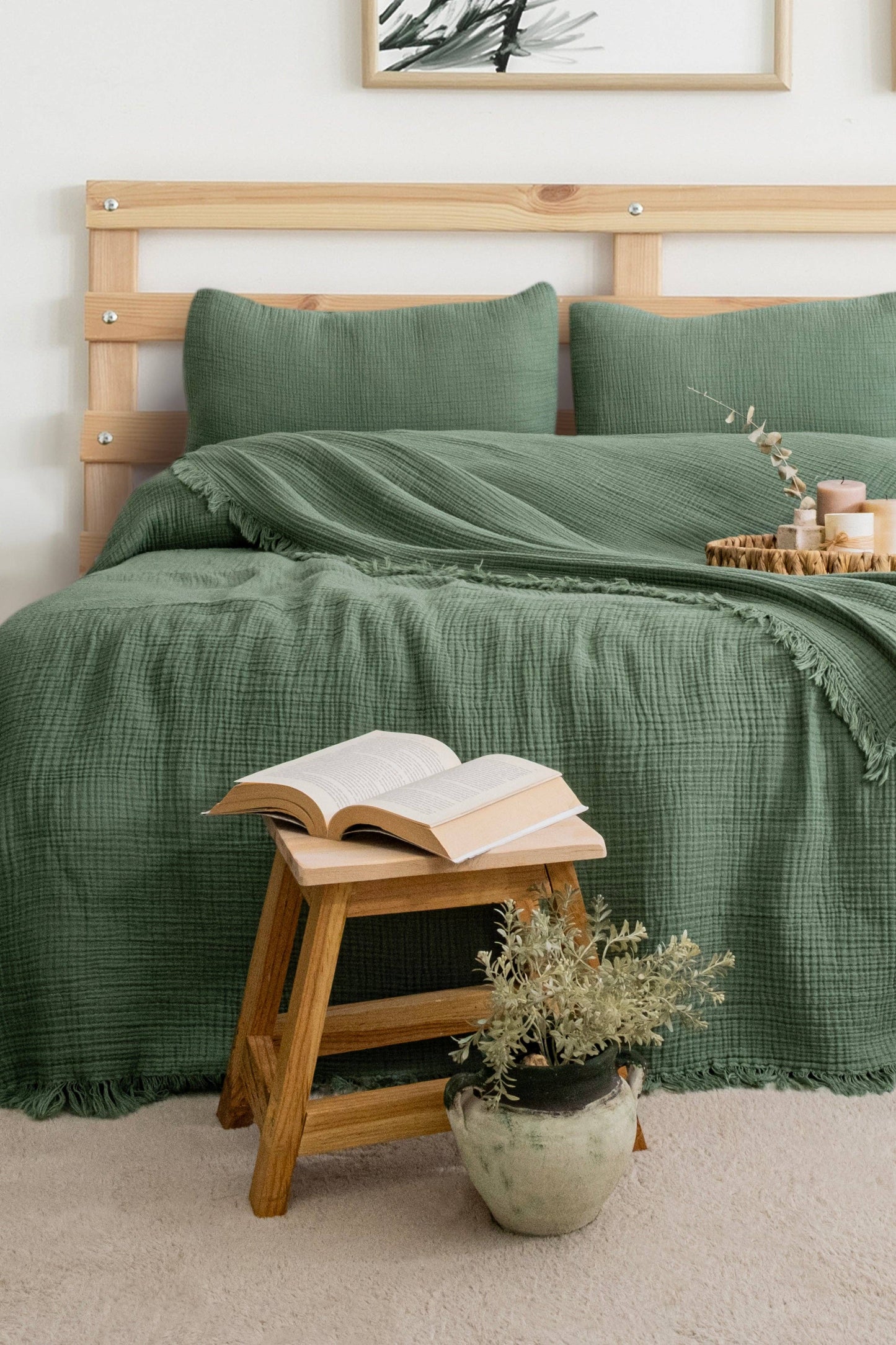 Organic Muslin Blanket, GOTS Certified Forest Green Cotton Throw, Lightweight Breathable Bedspread, Eco Friendly Bedding