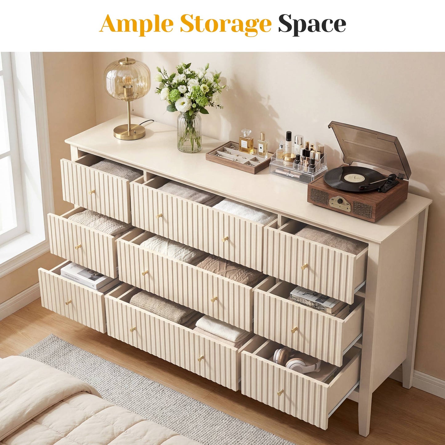 Wholesale Fluted 9-Drawer Black Wood Dresser