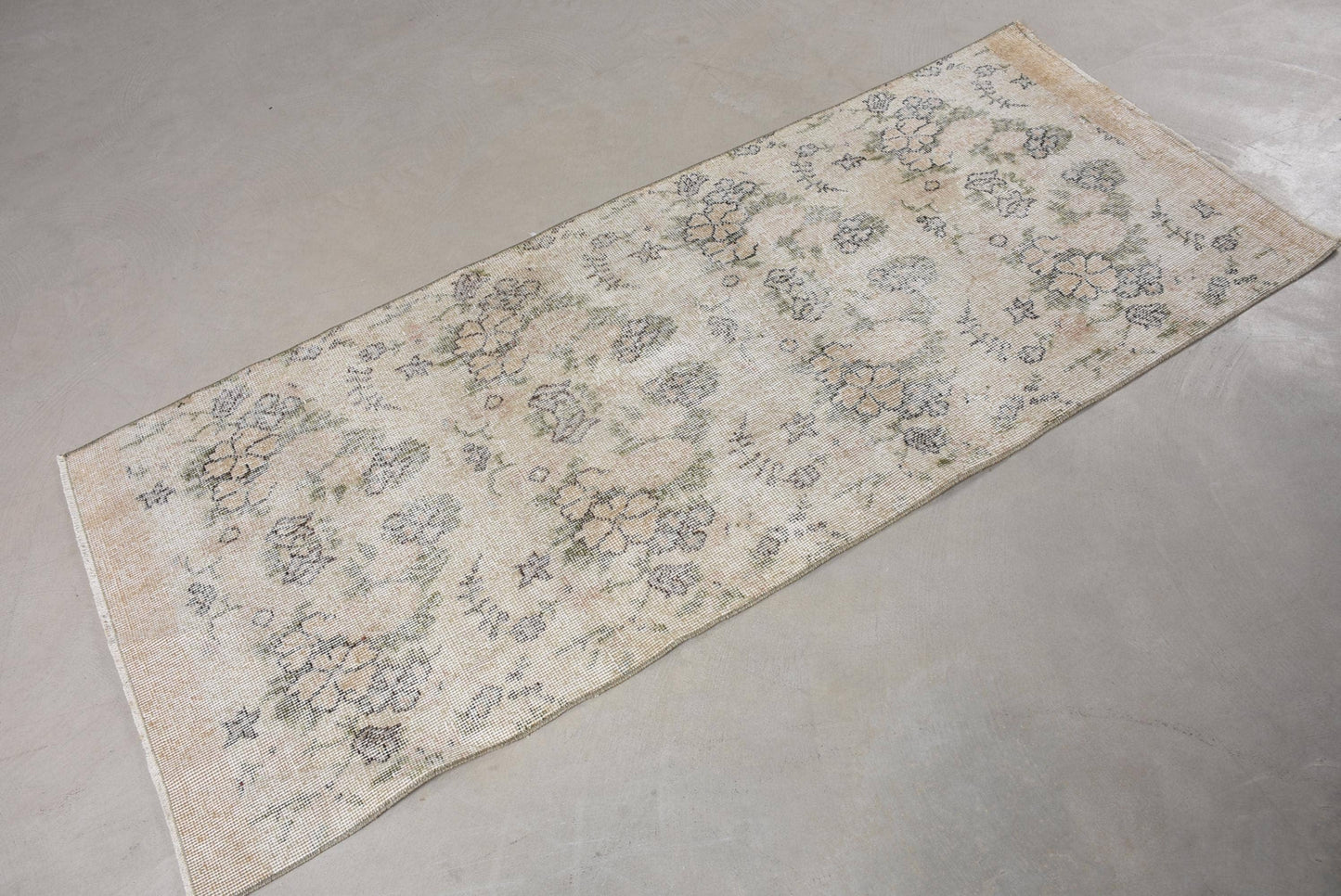 Vintage Wool Rug: Beige & Green, Striped Floral Design