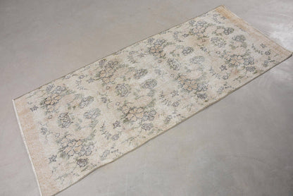 Vintage Wool Rug: Beige & Green, Striped Floral Design