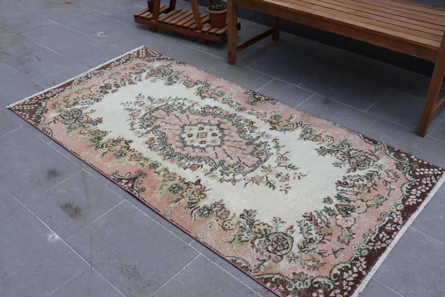 3,2x6,6 ft Accent Turkish Rug, Vintage Rug, Pink Brown Solid Wool Rug