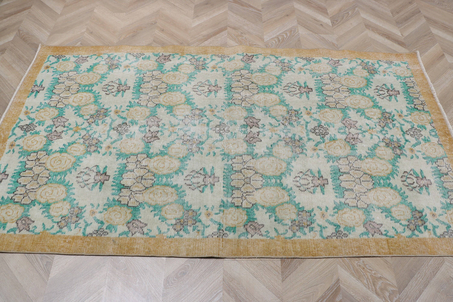 Vintage Turkish Oushak Accent Rug with Flower Pattern