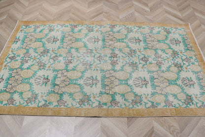 Vintage Turkish Oushak Accent Rug with Flower Pattern