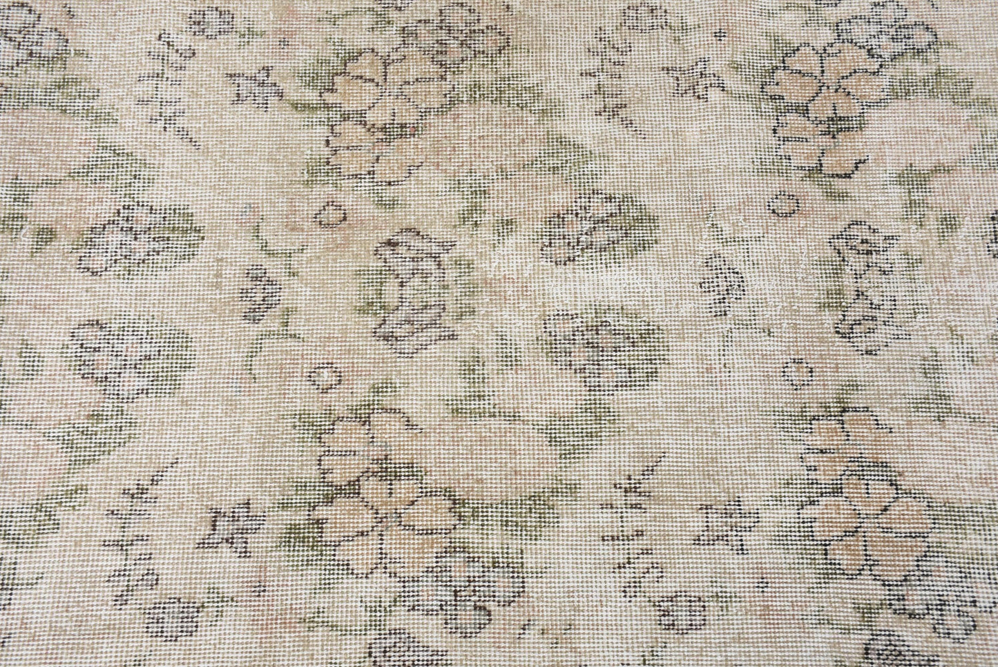 Vintage Wool Rug: Beige & Green, Striped Floral Design