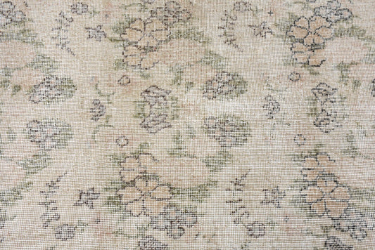 Vintage Wool Rug: Beige & Green, Striped Floral Design