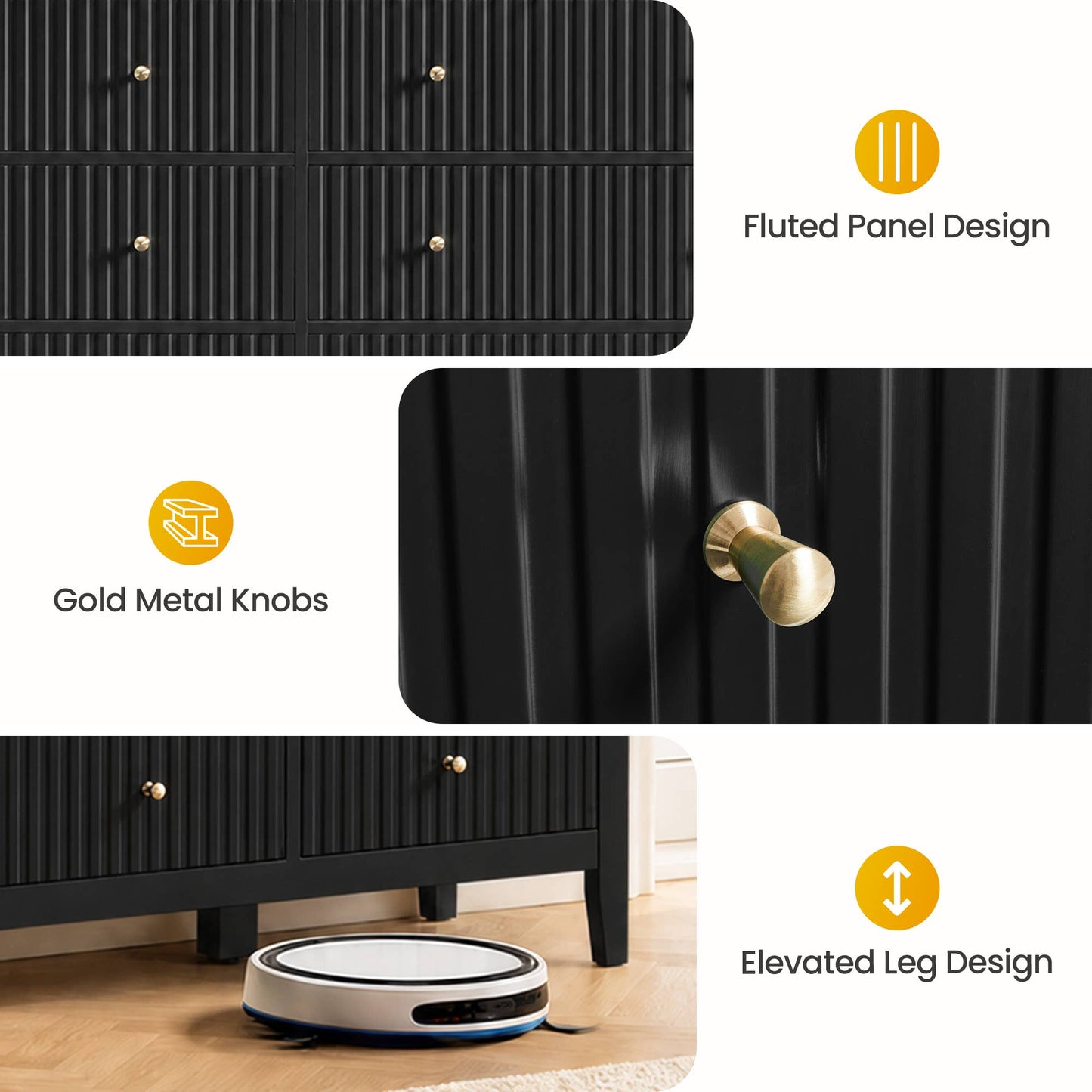 Wholesale Fluted 9-Drawer Black Wood Dresser