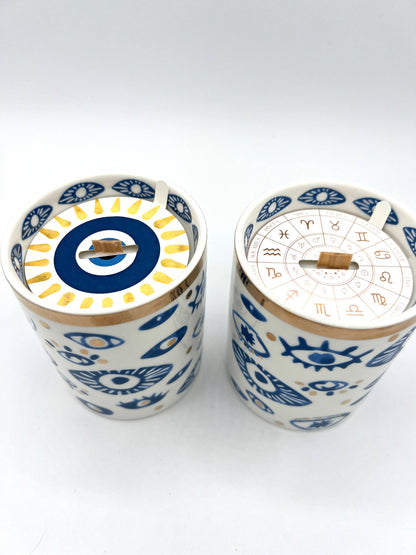NEW! Beautiful Gold, Blue & White Ceramic "Evil Eye" Candle