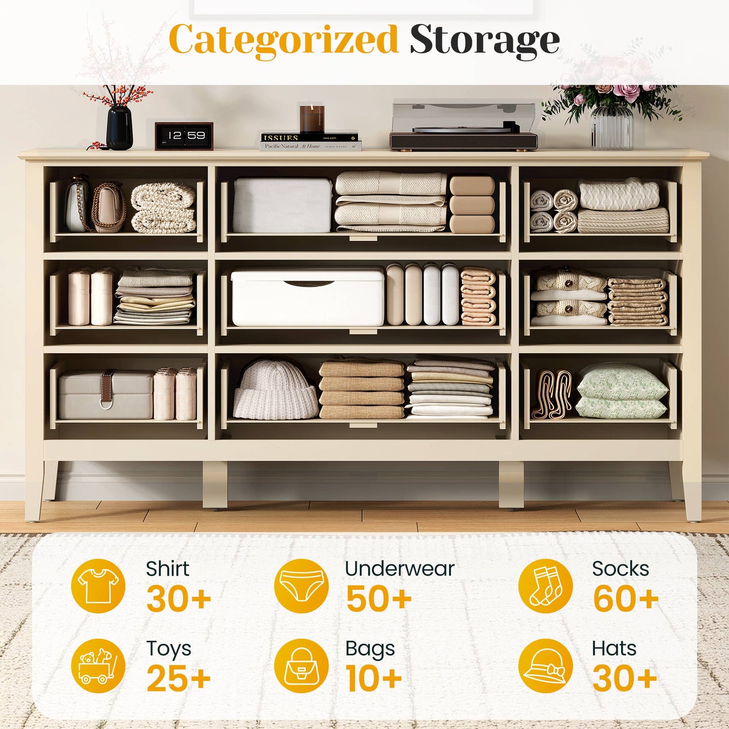 Wholesale Fluted 9-Drawer Black Wood Dresser