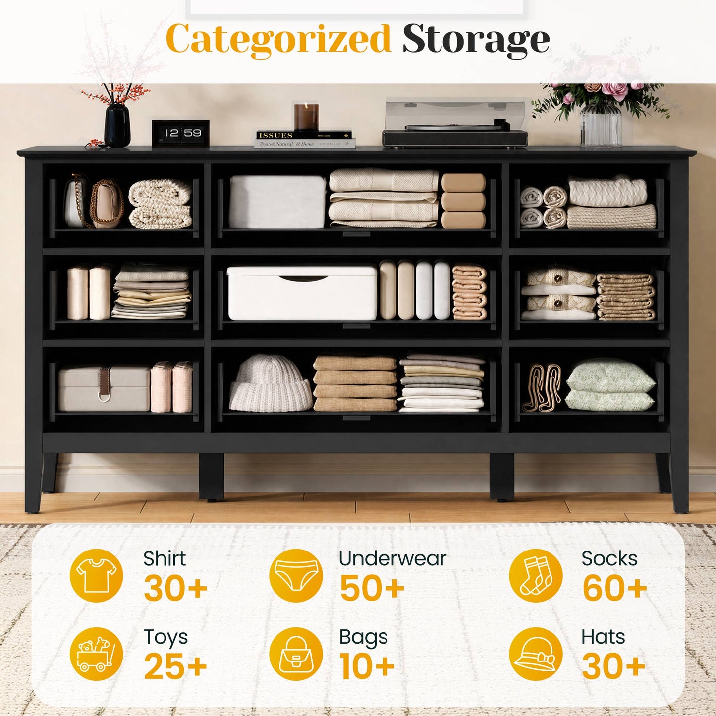 Wholesale Fluted 9-Drawer Black Wood Dresser