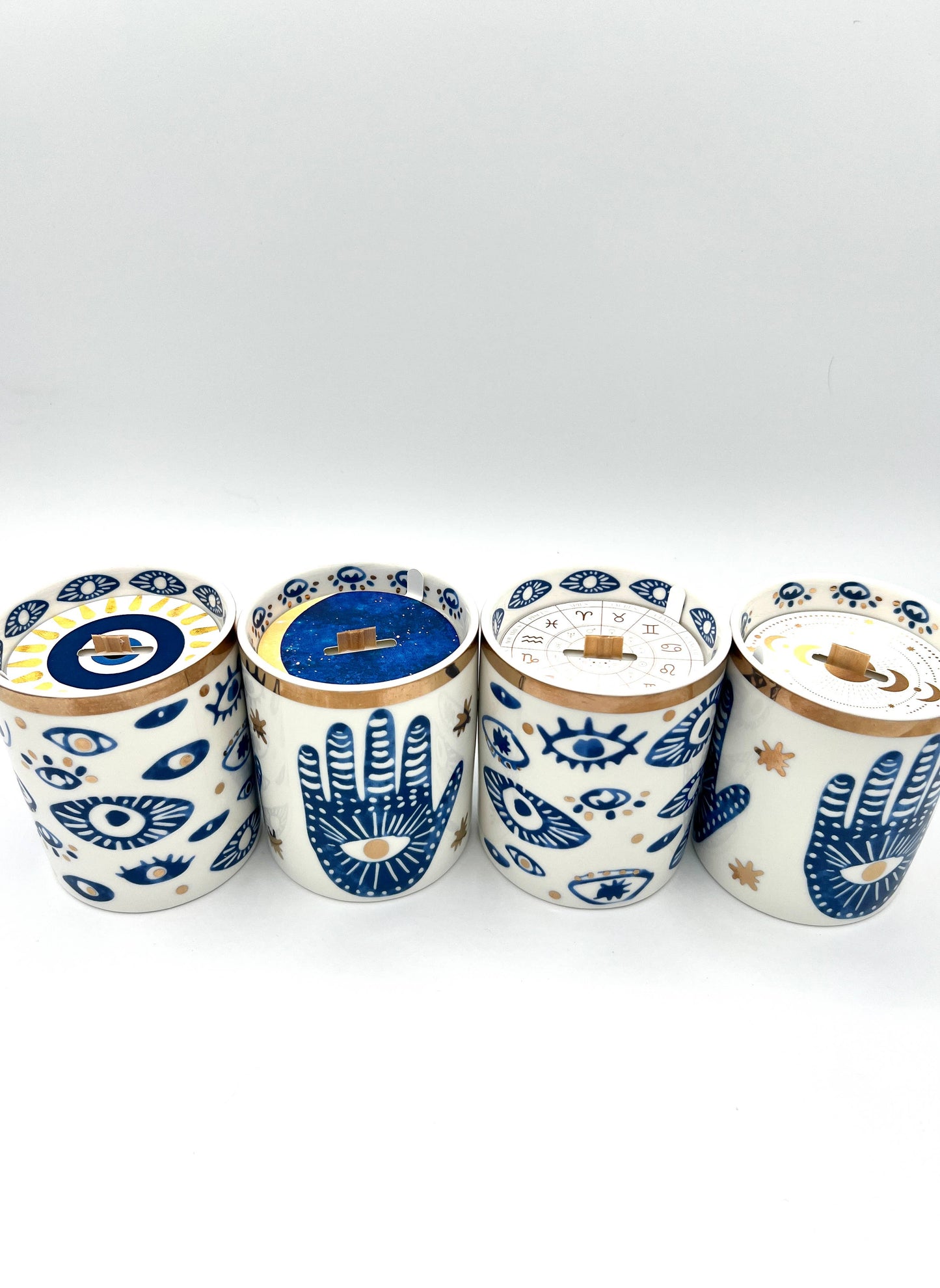 NEW! Beautiful Gold, Blue & White Ceramic "Evil Eye" Candle