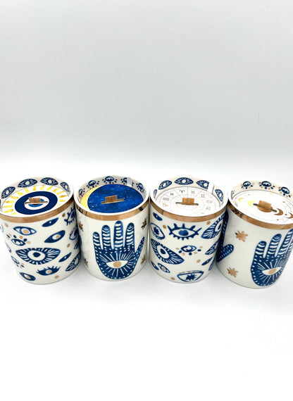 NEW! Beautiful Gold, Blue & White Ceramic "Evil Eye" Candle