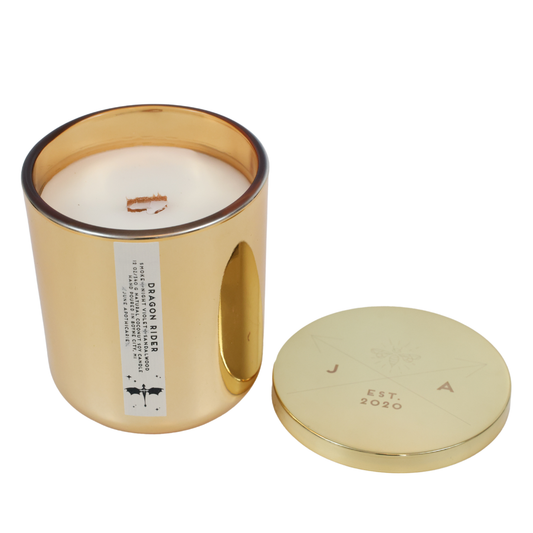 Dragon Rider Gold Glass Wooden Wick Candle