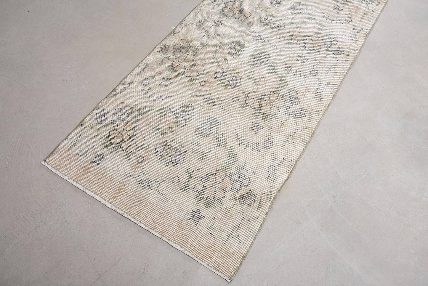 Vintage Wool Rug: Beige & Green, Striped Floral Design